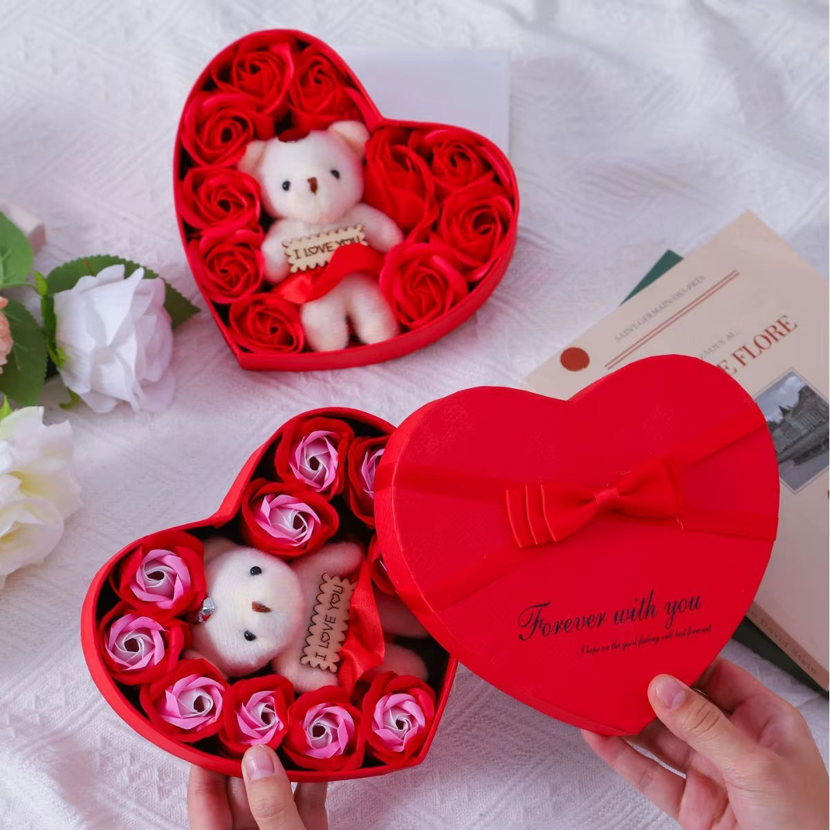Coffret Cœur Roses & Ourson – Cadeau Romantique Saint-Valentin 💝