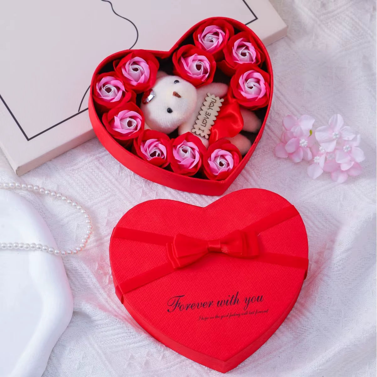 Coffret Cœur Roses & Ourson – Cadeau Romantique Saint-Valentin 💝