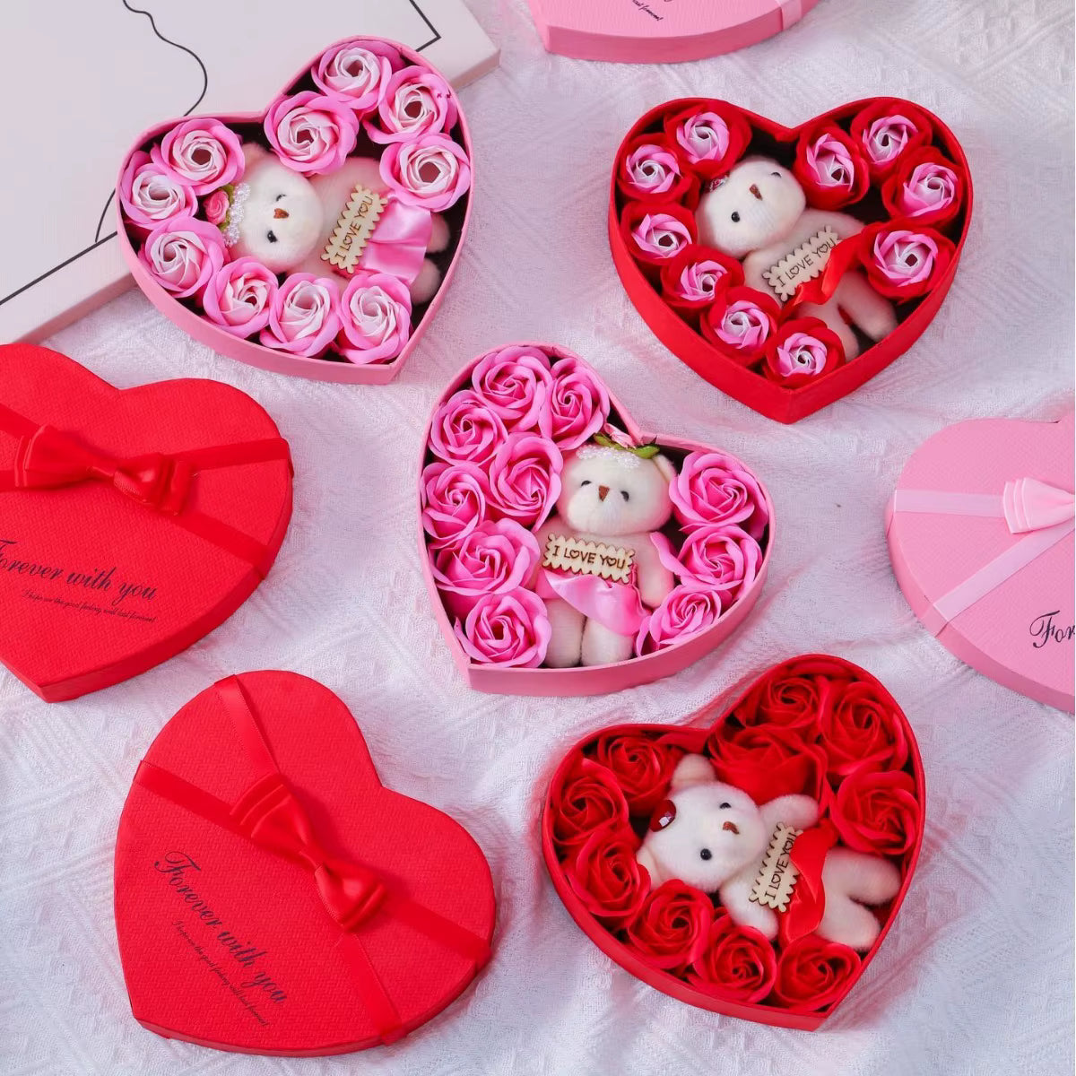 Coffret Cœur Roses & Ourson – Cadeau Romantique Saint-Valentin 💝