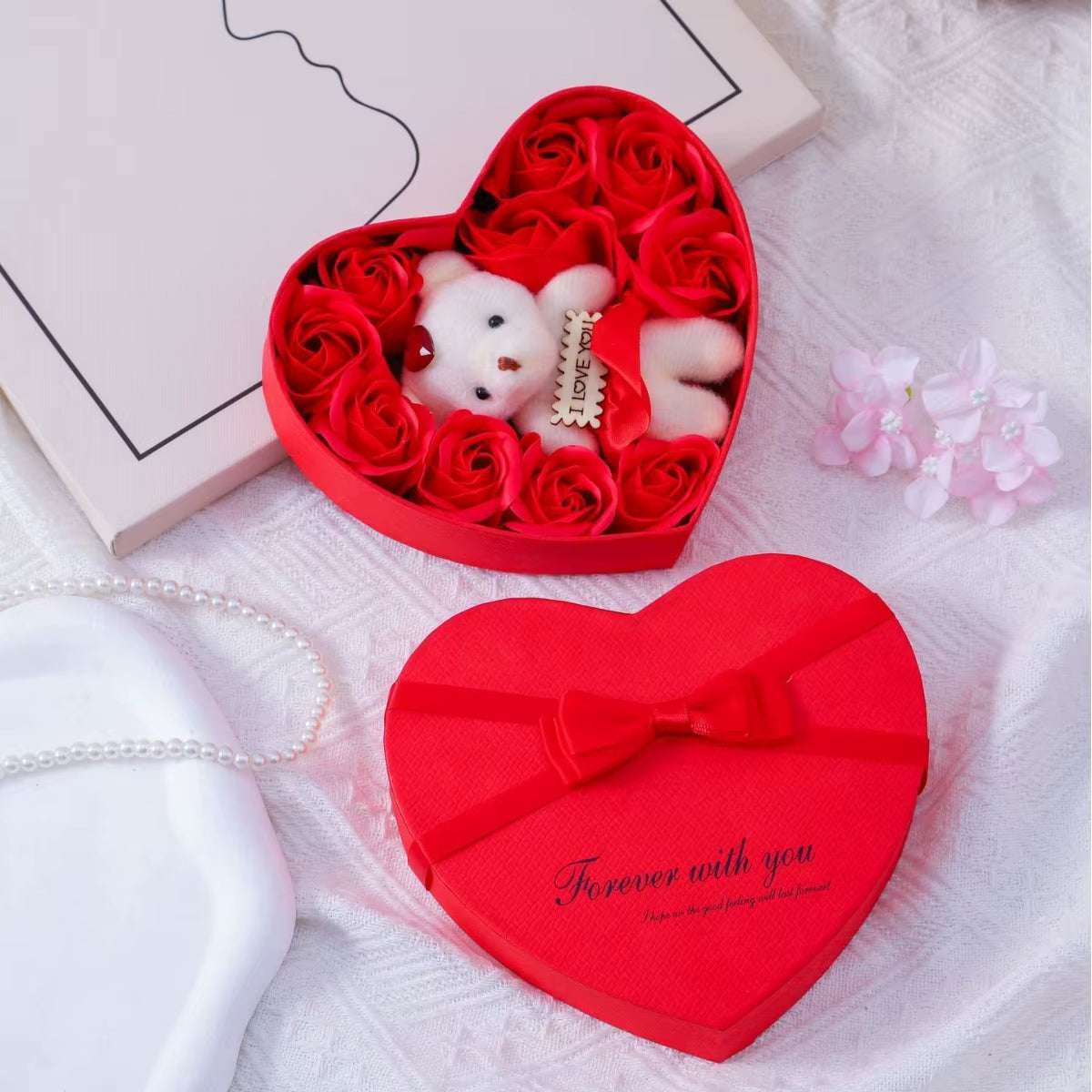 Coffret Cœur Roses & Ourson – Cadeau Romantique Saint-Valentin 💝
